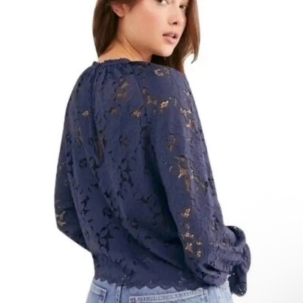 Free People Olivia Floral Lace Top Navy Blue Medium Boho Sheer Peasant Cottage - Picture 3 of 13